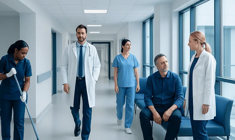 Medical team in hospital corridor with patient and staff members.