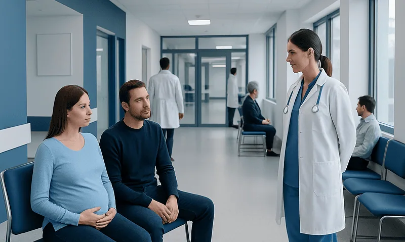 Doctor consulting pregnant woman in hospital corridor with partner and other patients.