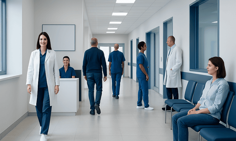 Healthcare professionals and patients in a modern hospital corridor.