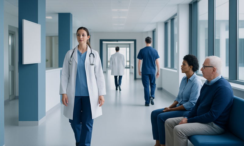 Healthcare professionals and patients in a modern hospital corridor.
