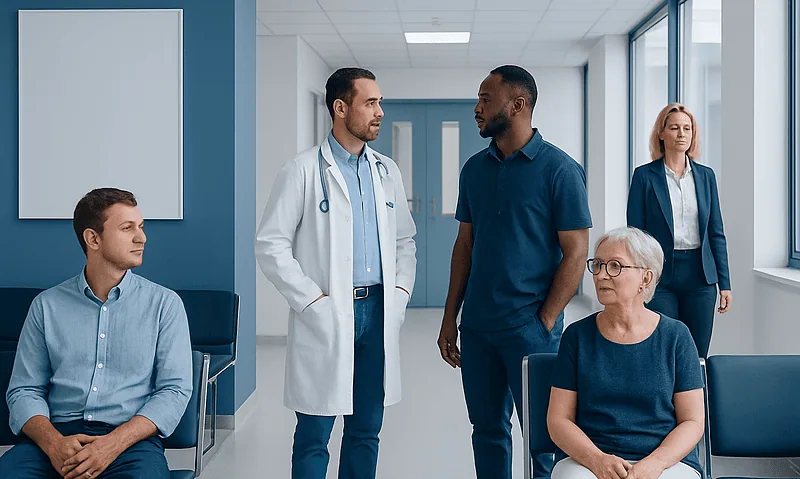 Medical consultation with diverse patients in a hospital corridor.