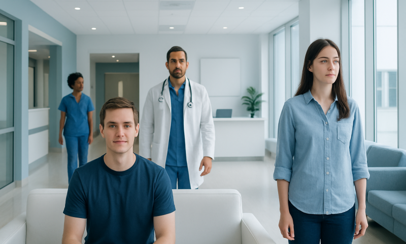 How to Mew? Causes, Explanations, and Next Steps 4 Medical consultation with patients and healthcare professionals in a modern hospital.