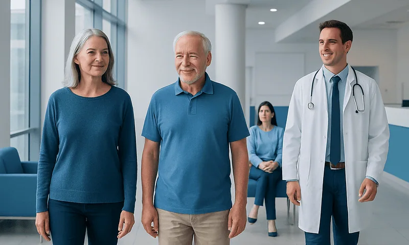 Happy elderly patients with doctor at hospital.