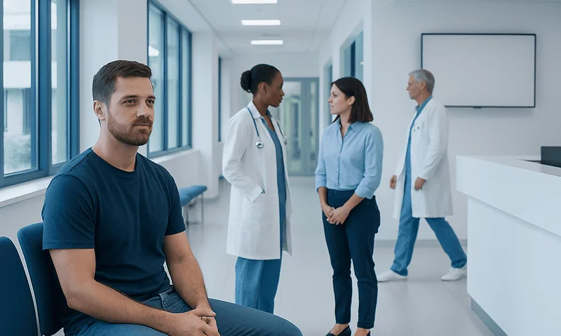 Patient waiting in a modern hospital corridor with medical staff in the background.