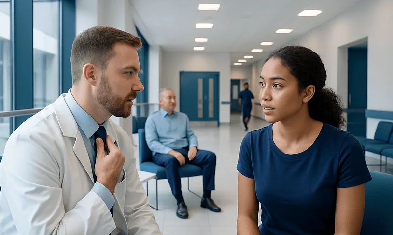 Doctor consulting with a young woman in a hospital corridor.