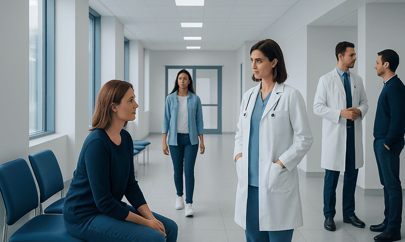 Medical professionals and patient in a hospital corridor.