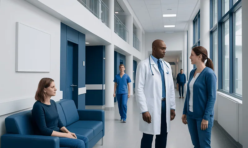 Medical professionals discussing patient care in a hospital corridor.