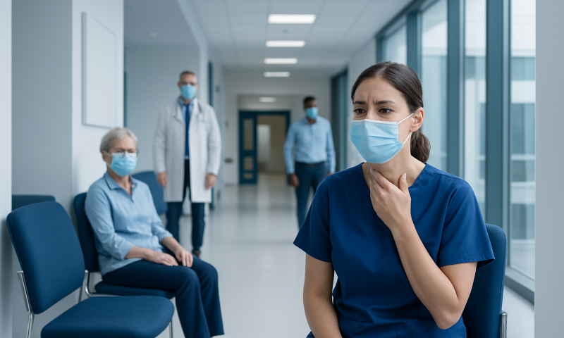 Healthcare professionals and patient wearing masks in a hospital corridor.