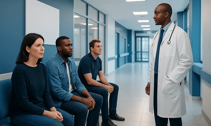 Doctor consulting with three patients in hospital corridor.