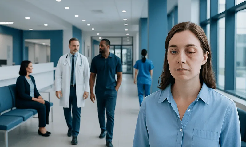 Young woman with eye discomfort in hospital corridor.