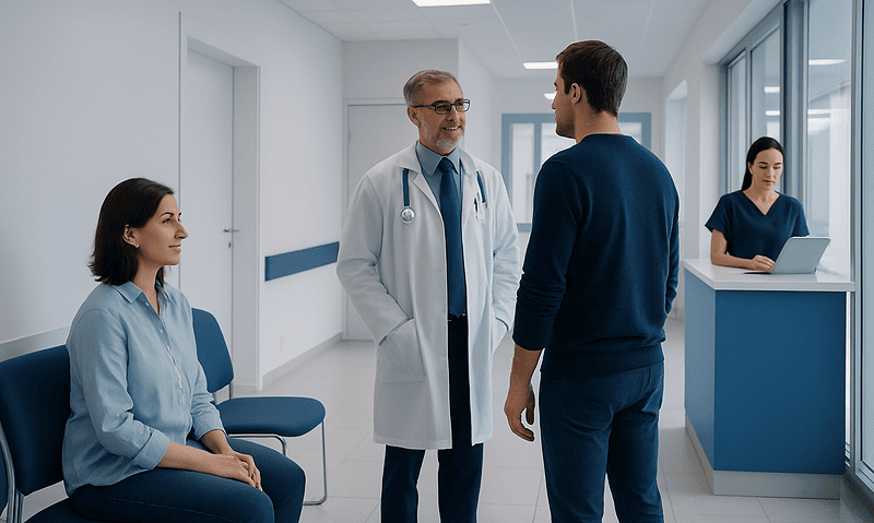 Doctor consulting with patient in hospital corridor at Acibadem Hospitals Group.