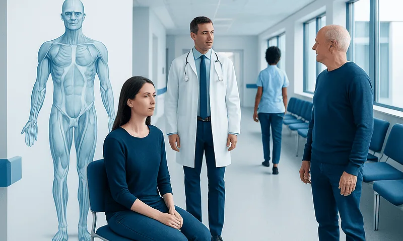 Doctor consulting with patient in hospital corridor with anatomy model.