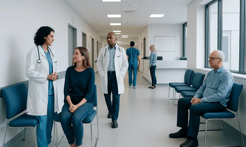 Medical professionals and patients in a hospital corridor.