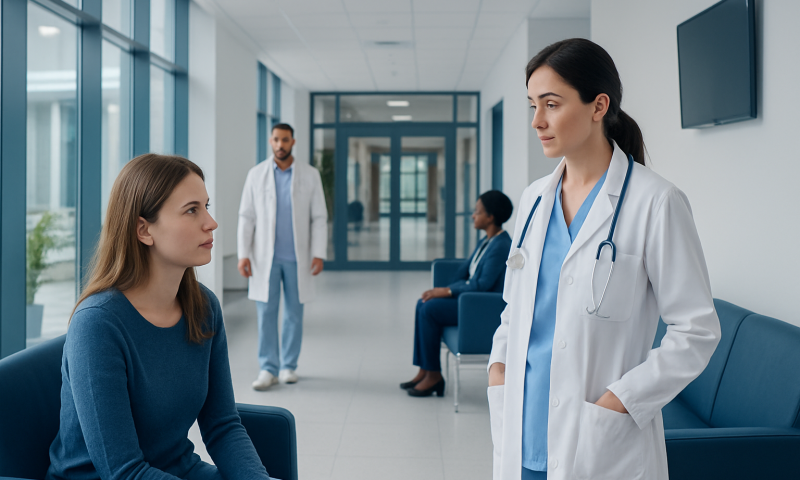 Human Papillomavirus Infection Treatments: Early Signs, Risk Factors, and How It Is Treated 6 Doctor consulting a patient in a hospital corridor.