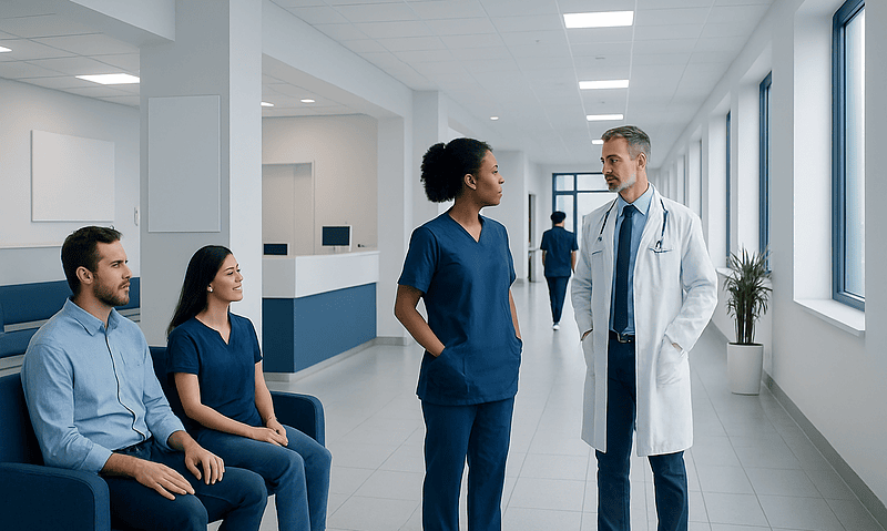 Medical team discussing patient care in a modern hospital corridor.