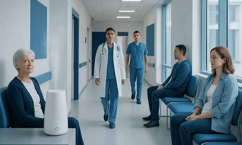 Hospital waiting area with patients and medical staff.