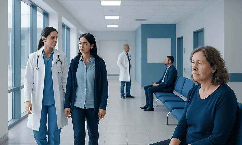 Medical staff and patients in a hospital corridor at Acibadem Hospitals Group.