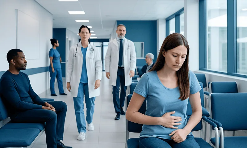 Young woman experiencing stomach pain in hospital waiting area.