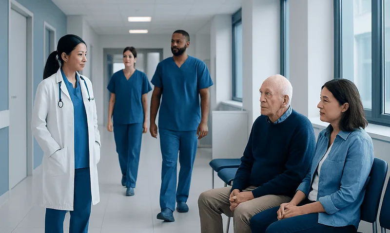 Medical team consulting with elderly patient in hospital corridor.