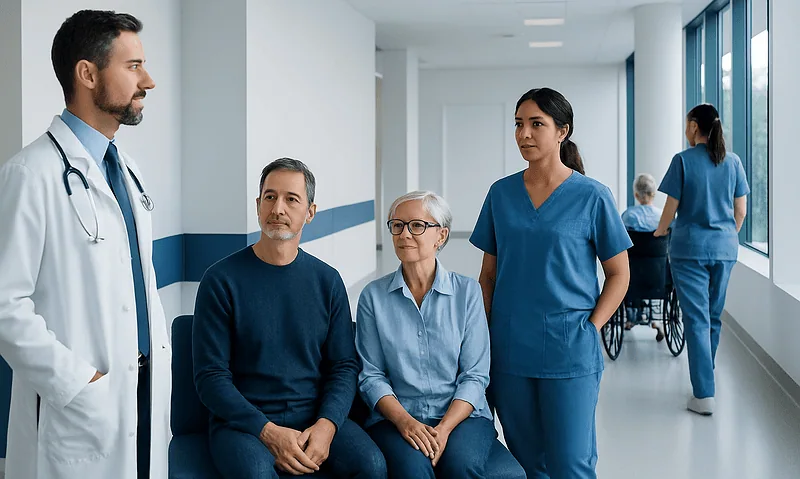 Doctor consulting with elderly patient and nurses in hospital corridor.