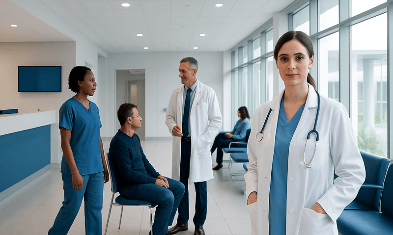 Medical team consulting with patient in modern hospital corridor.