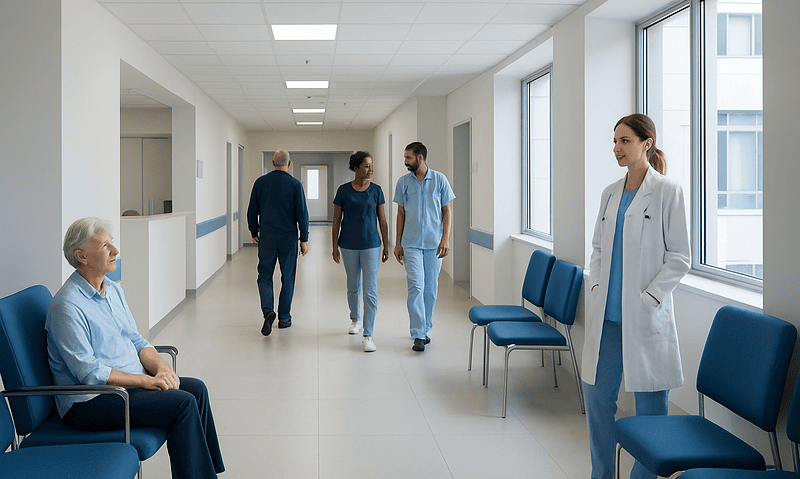 Hospital corridor with patients and medical staff in a modern healthcare facility.