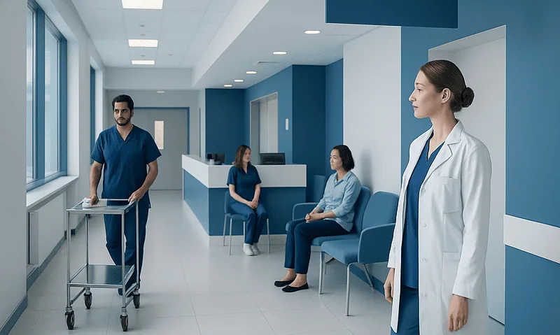 Medical professionals in a hospital corridor with patients waiting.