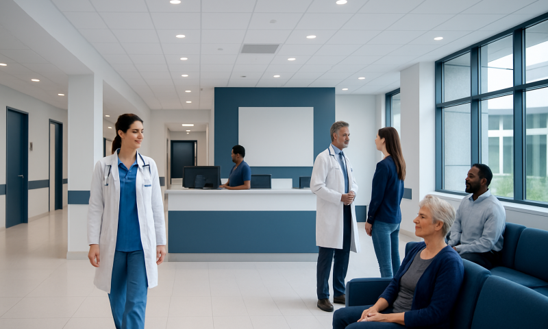 Hospital waiting area with medical staff and patients at Acibadem Hospitals Group.