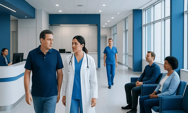 Hospital corridor with medical staff and patients in a modern healthcare facility.