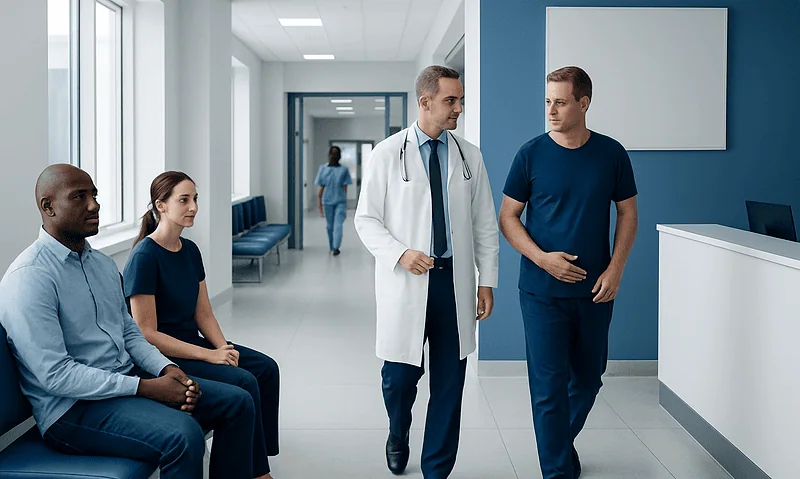 Doctor consulting with patients in a hospital corridor.