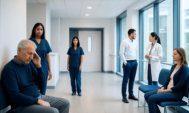 Patients and medical staff in a hospital corridor discussing health concerns.