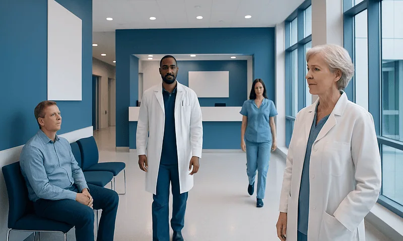 Medical team in hospital corridor with patient waiting area.