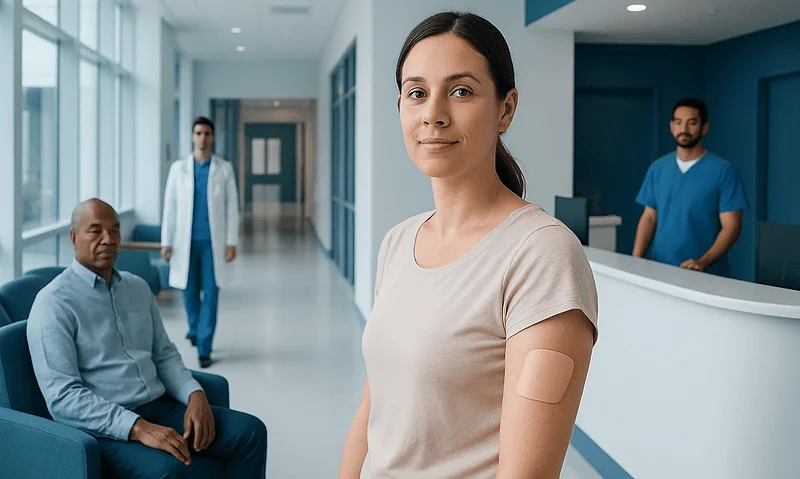 Patient with a bandage on her arm in a hospital corridor.