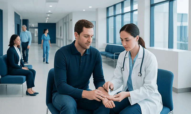 Doctor examining patient's hand in a modern hospital corridor.