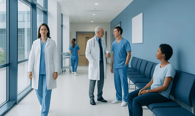 Medical team consulting in hospital corridor with patient waiting.