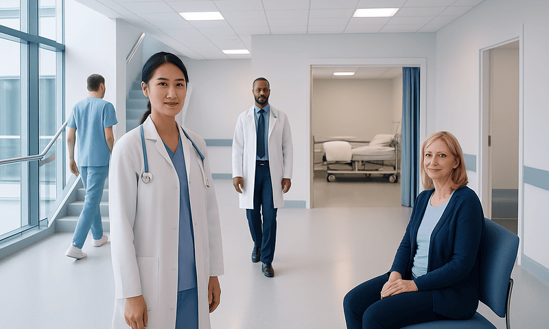 Medical team in hospital corridor with patient in waiting area.