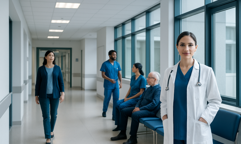 Healthcare professionals and patients in a modern hospital corridor.