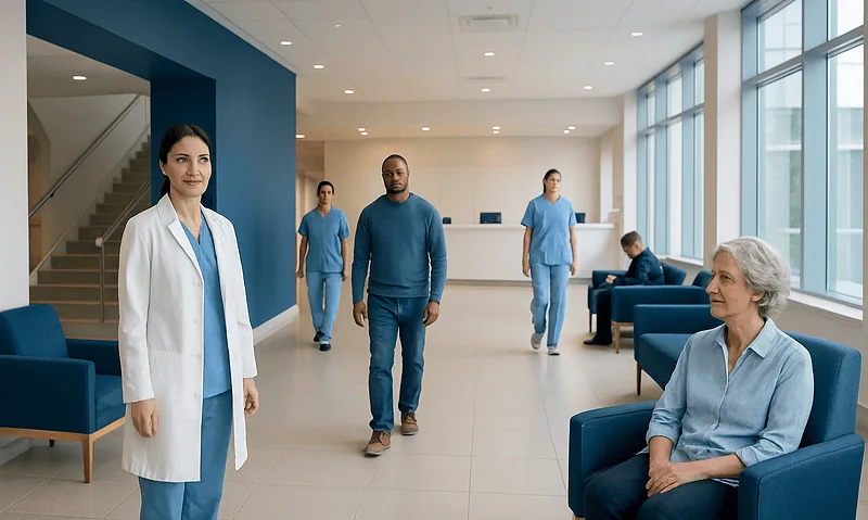 Healthcare professionals and patient in a modern hospital lobby.