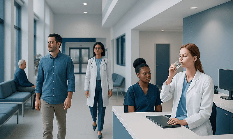 Patients and medical staff in a modern hospital corridor.