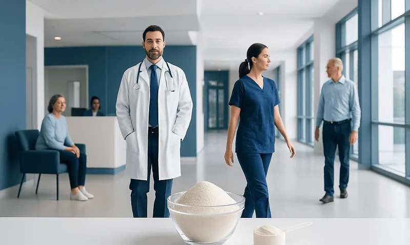 Medical professionals in a hospital corridor with hydrolyzed collagen powder on display.