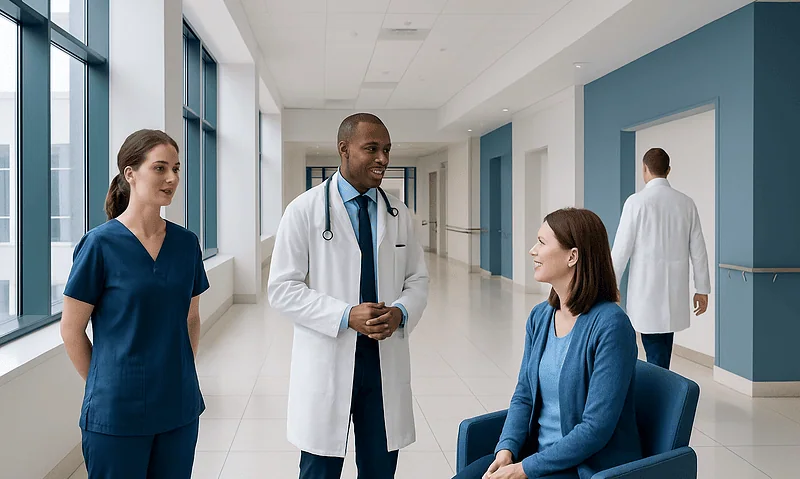 Medical team consulting with a patient in a modern hospital corridor.