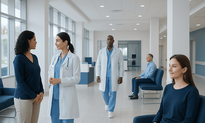 Hospital waiting area with medical staff and patients at Acibadem Hospitals Group.