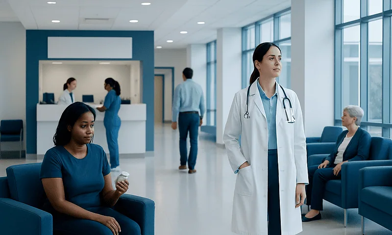 Medical professionals and patients in a modern hospital waiting area.