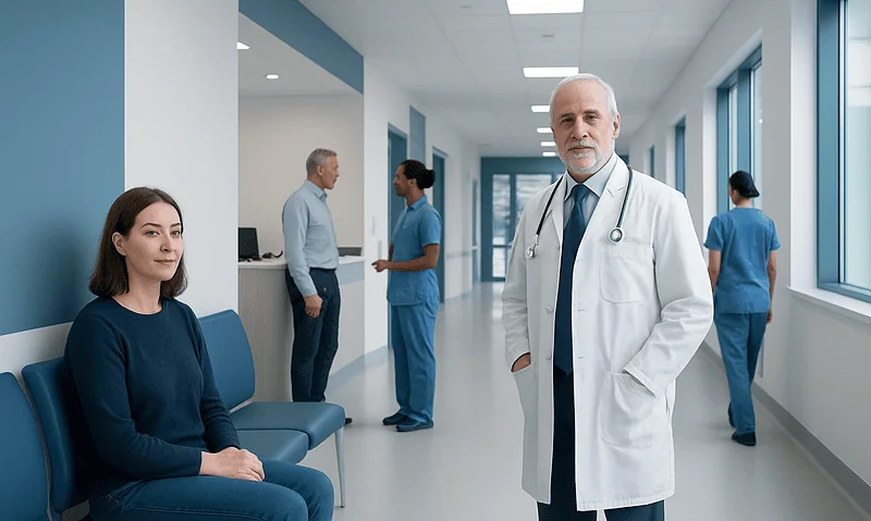 Medical professionals and patient in hospital corridor at Acibadem Hospitals Group.