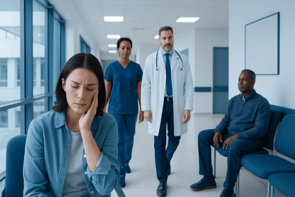 Hydroxyzine Side Effects: Uses, Dosage, and Side Effects — A Clinical Overview 1 Patient experiencing headache in hospital corridor with medical staff nearby.