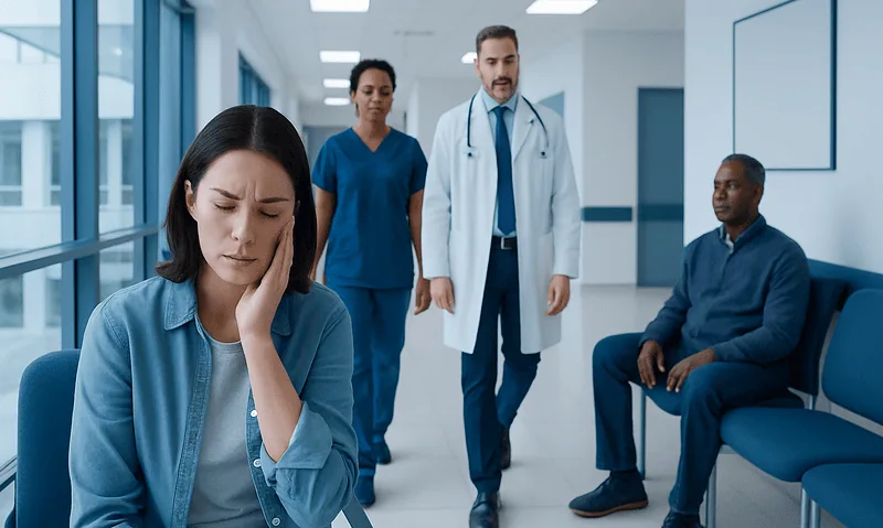 Patient experiencing headache in hospital corridor with medical staff nearby.