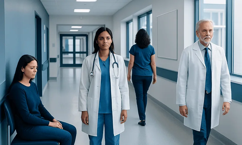 Medical professionals and patient in hospital corridor at Acibadem Hospitals Group.