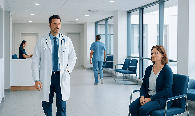 Doctor and patient in a modern hospital waiting area.