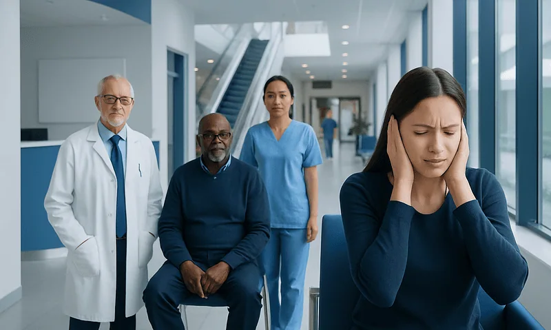 Patient experiencing ear discomfort in a hospital corridor with medical staff nearby.