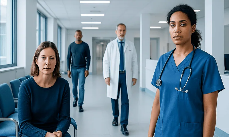 Medical team in hospital corridor with patient and healthcare professionals.